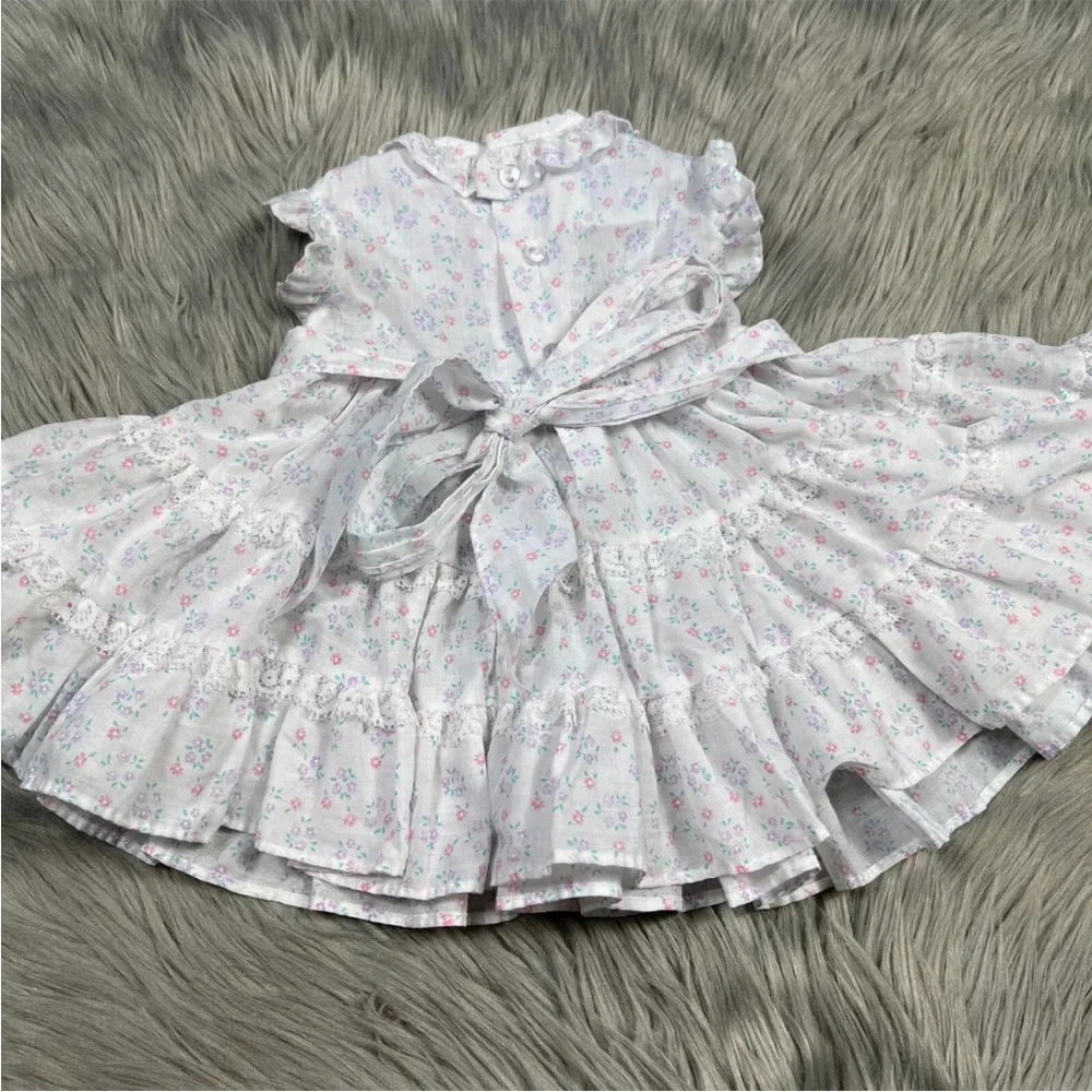 Vintage Polly Flinders White Smocked Floral Ruffle Tie Back Baby Girls Dress